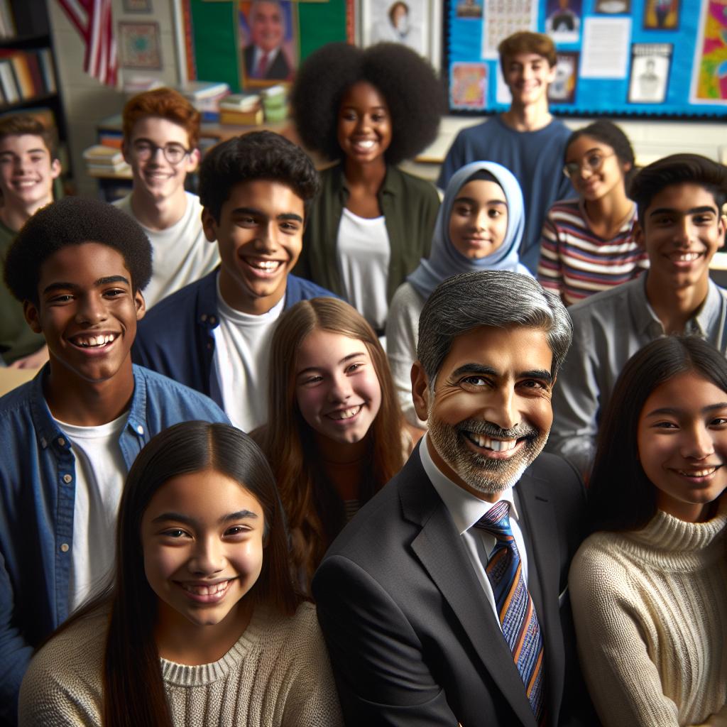 Legislator with students smiling.