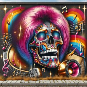 Glam rock skull mural