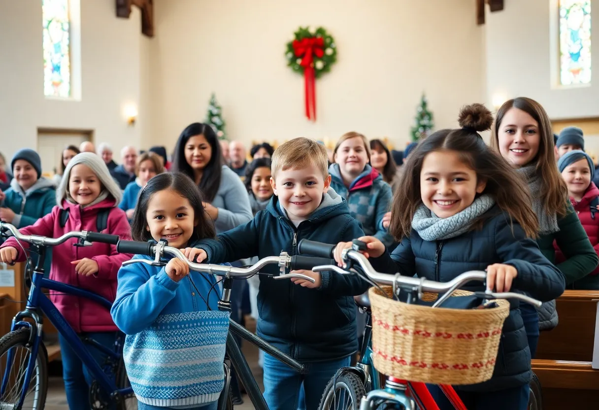 Families participating in a bicycle giveaway at a church in Asheville