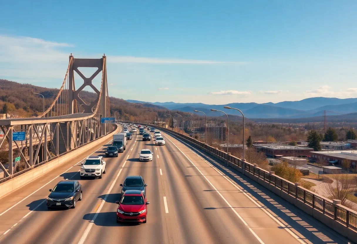 Reopened bridge in Asheville with traffic