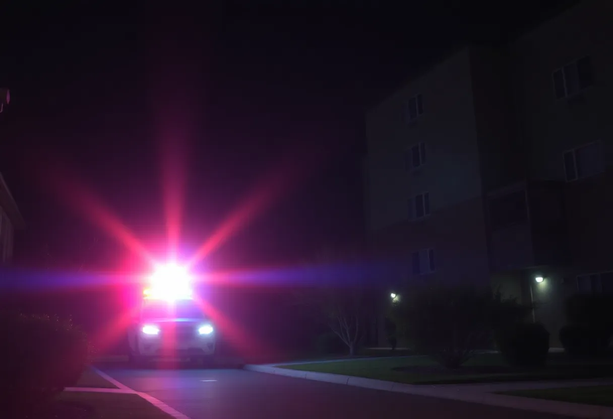 Somber apartment complex scene indicating a tragic event