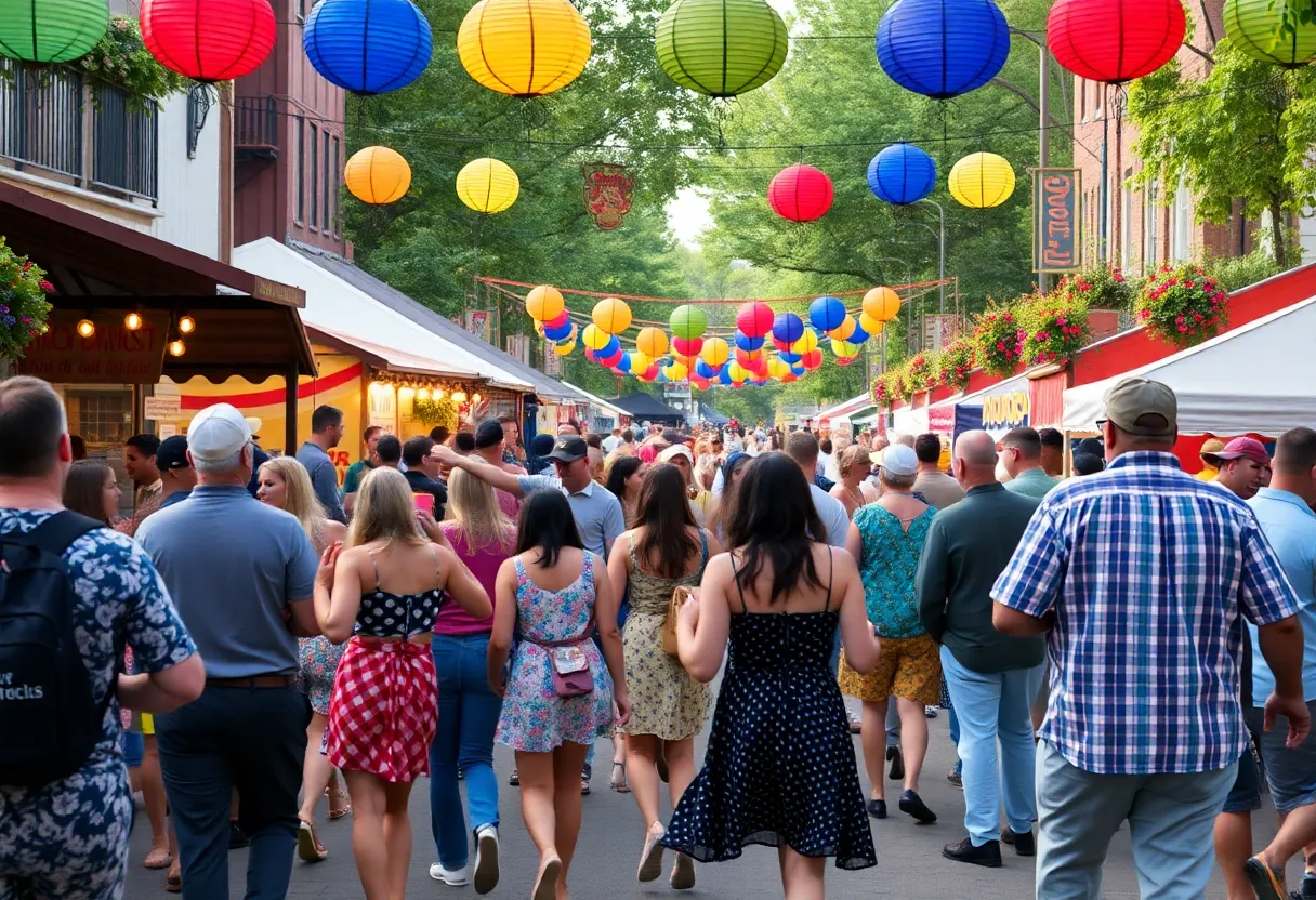 Vibrant festival scene in Asheville featuring dance and food stalls