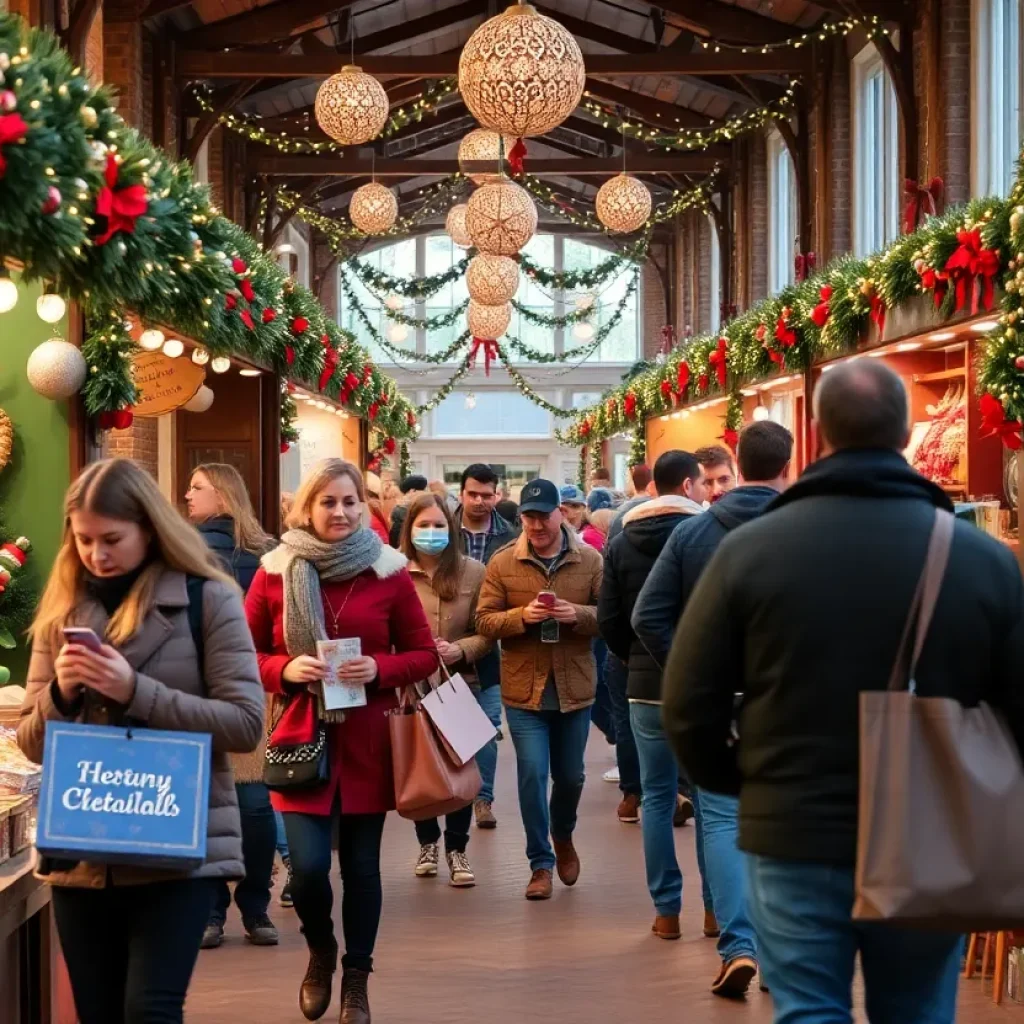 Shoppers at an Asheville holiday market surrounded by festive decorations and local crafts.