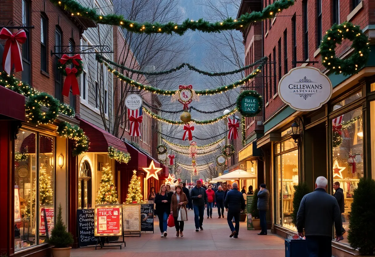 Vibrant street scene of Asheville during the holiday season.