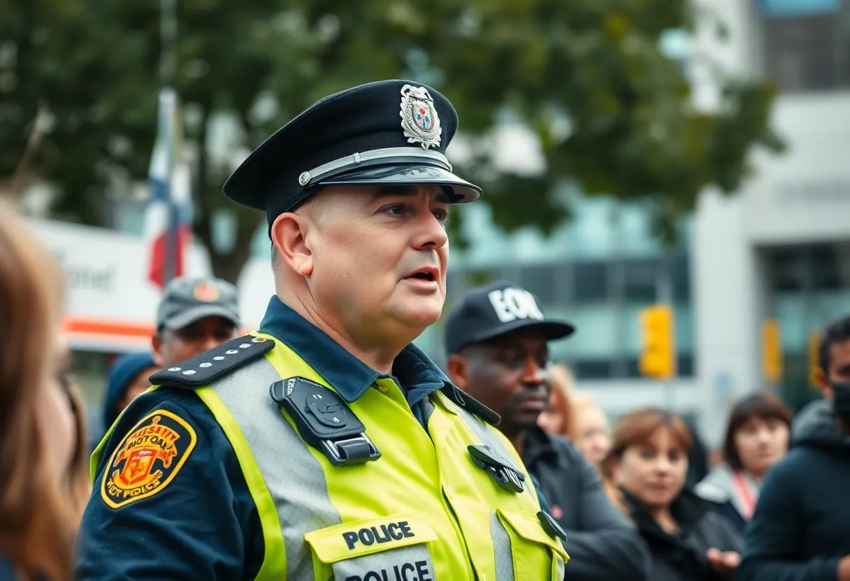 Police officer addressing a crowd in Asheville
