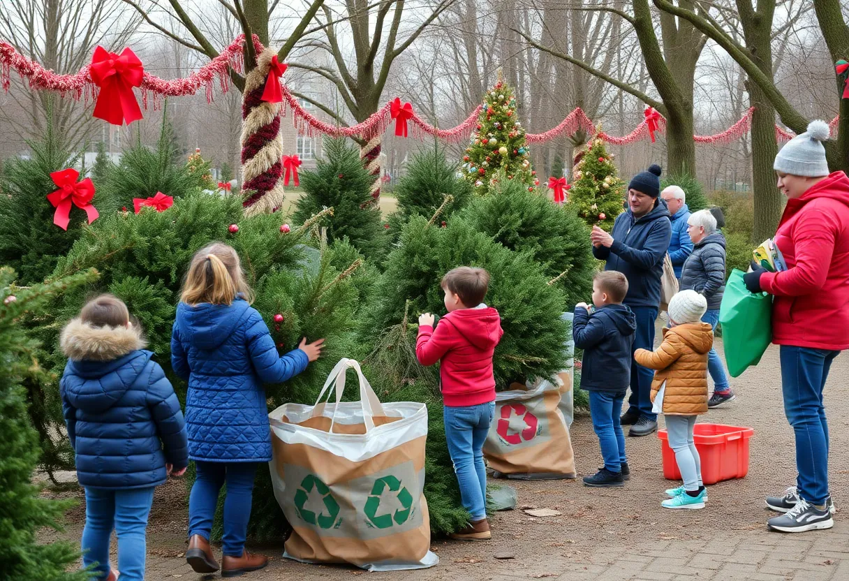 Families participating in a Christmas tree recycling program in Henderson County