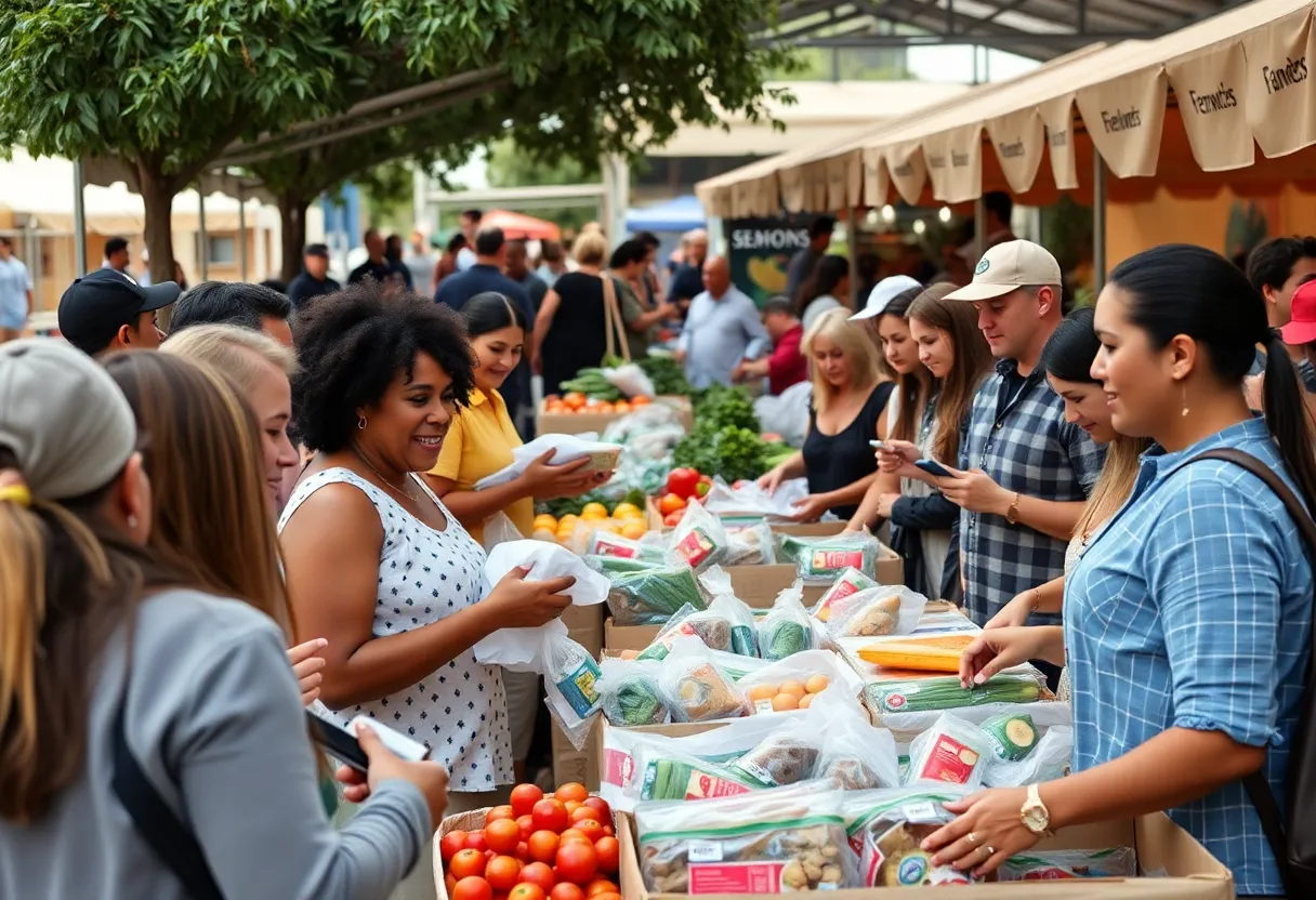 Community members donating supplies at a farmers market