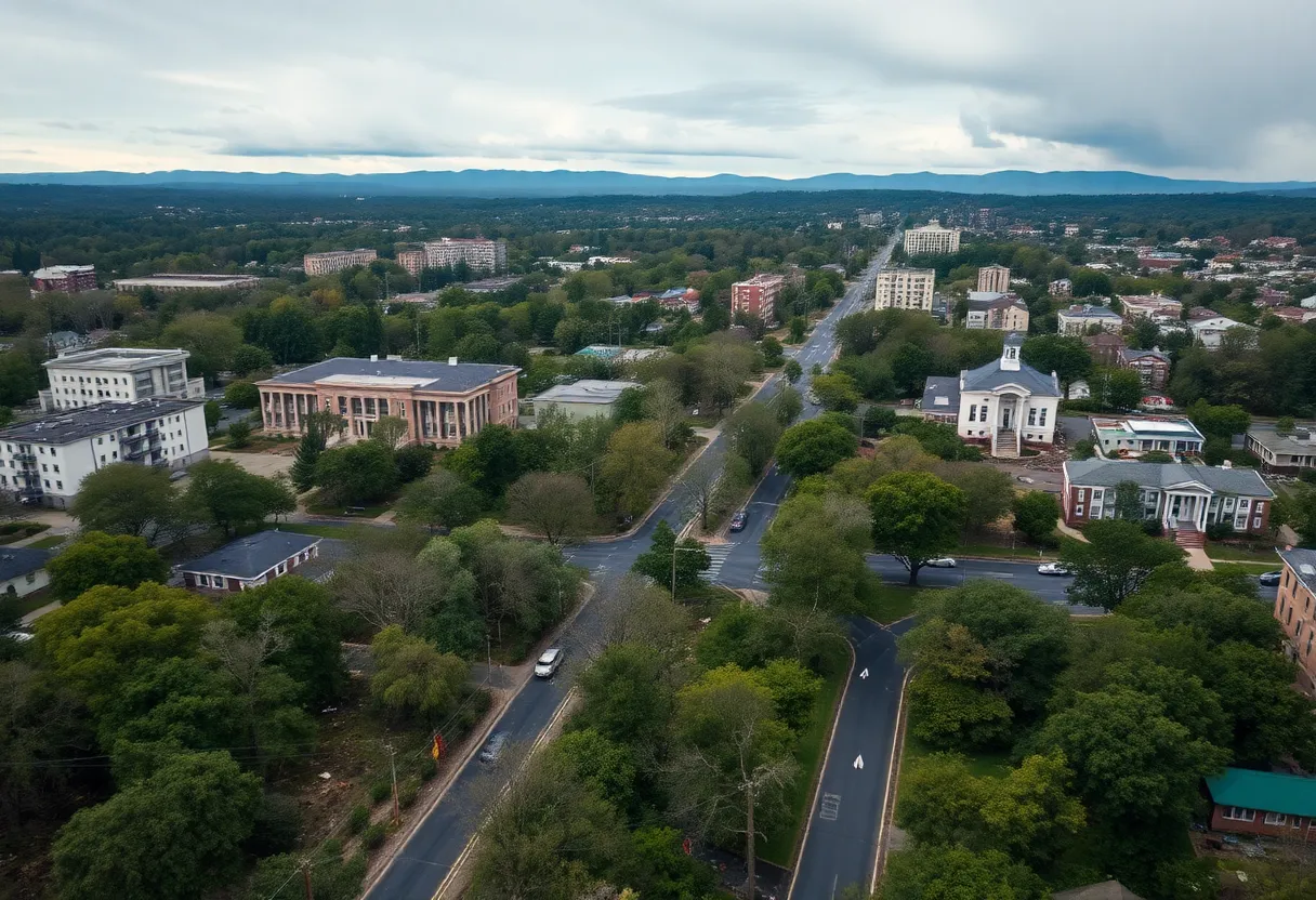 Aerial view of Asheville showing post-hurricane destruction.