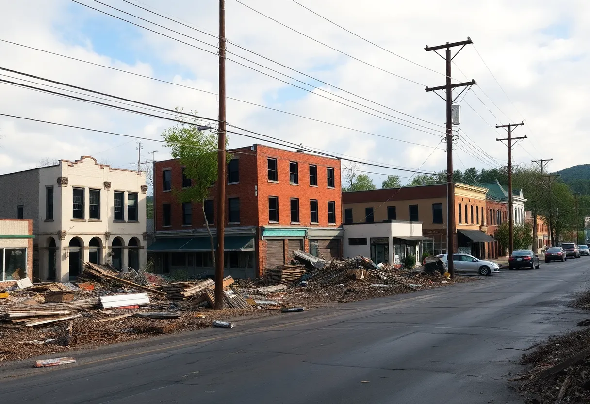 Devastated Asheville cityscape post-Hurricane Helene