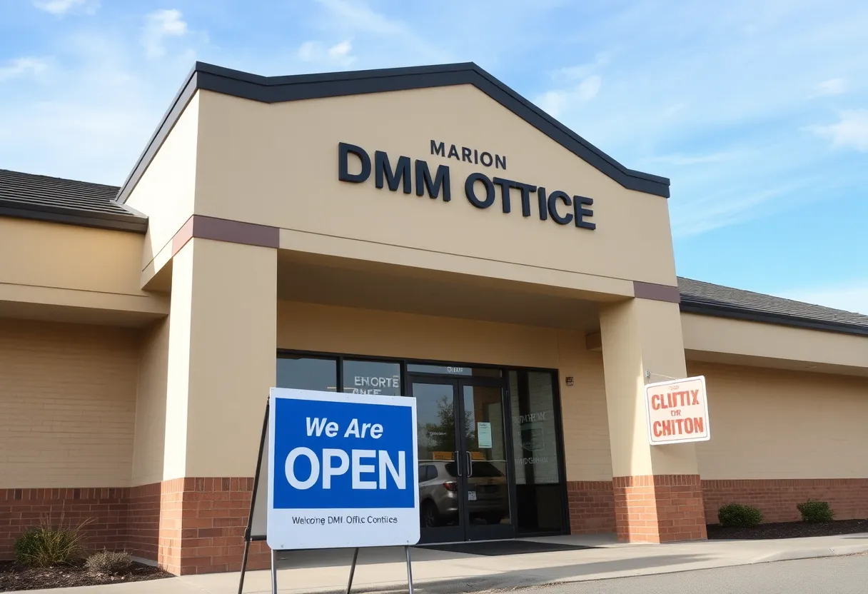 Exterior view of the Marion DMV office with an open sign