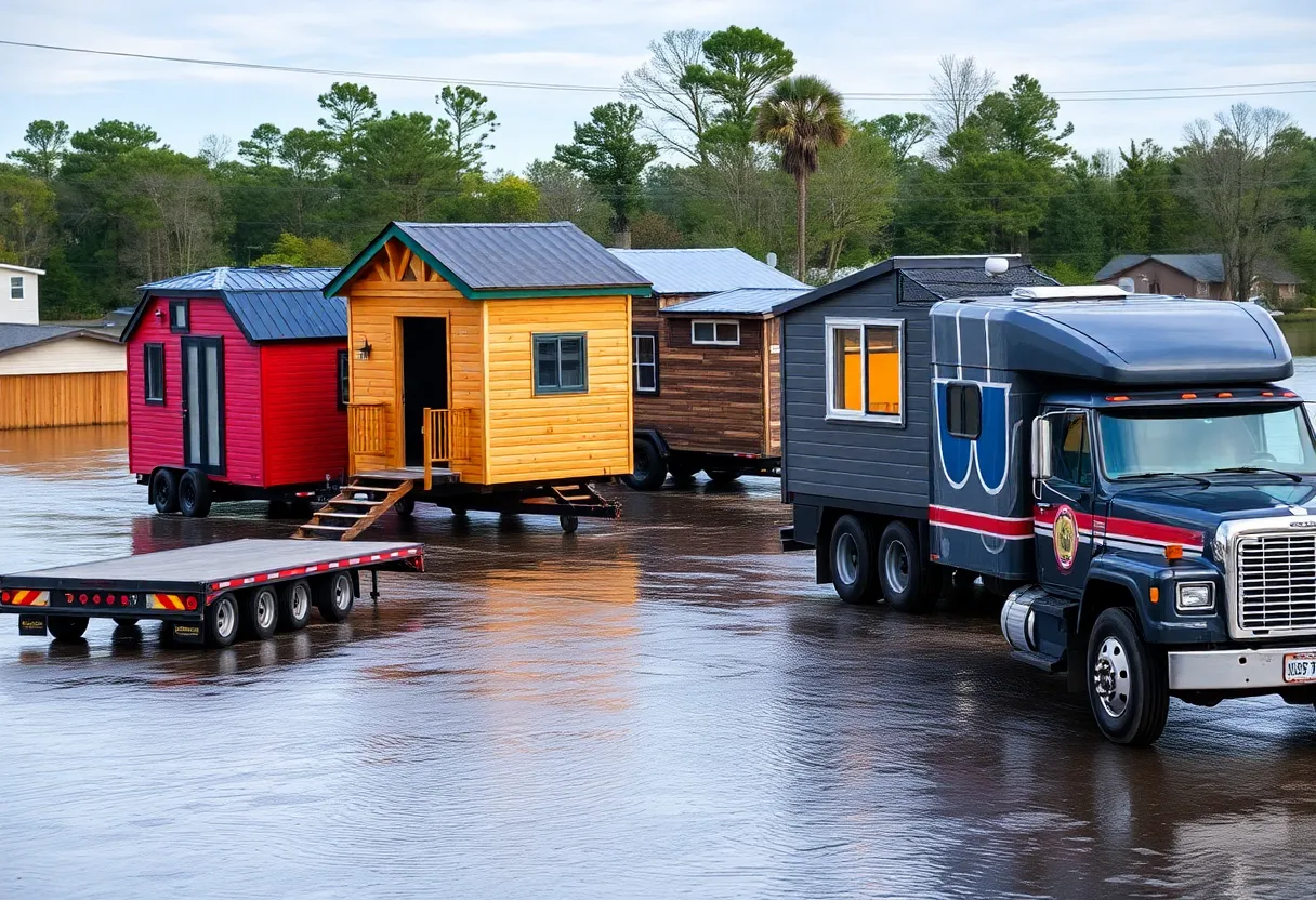 A convoy of tiny homes ready to be delivered to flood victims