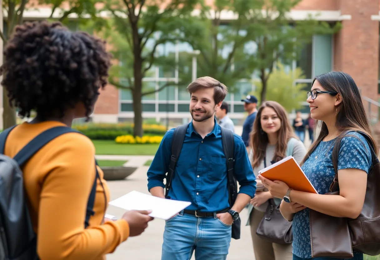 Students on UNC campus discussing academic programs