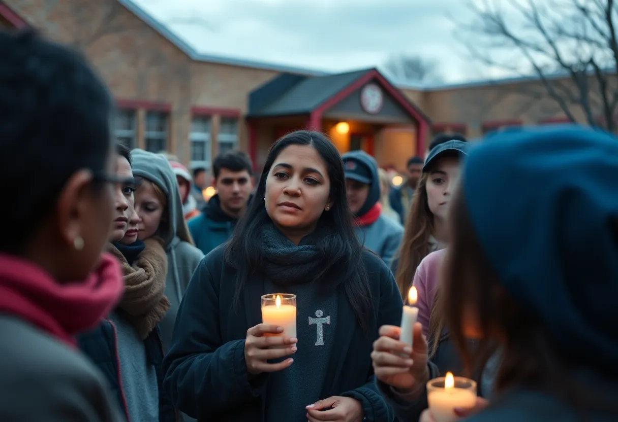 A group of concerned community members holding candles outside a school.