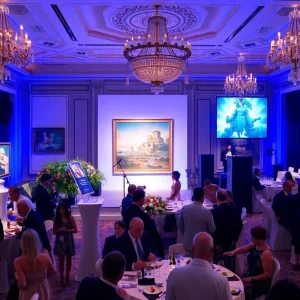 Guests enjoying the Asheville Art Gala with art displays and festive decorations.
