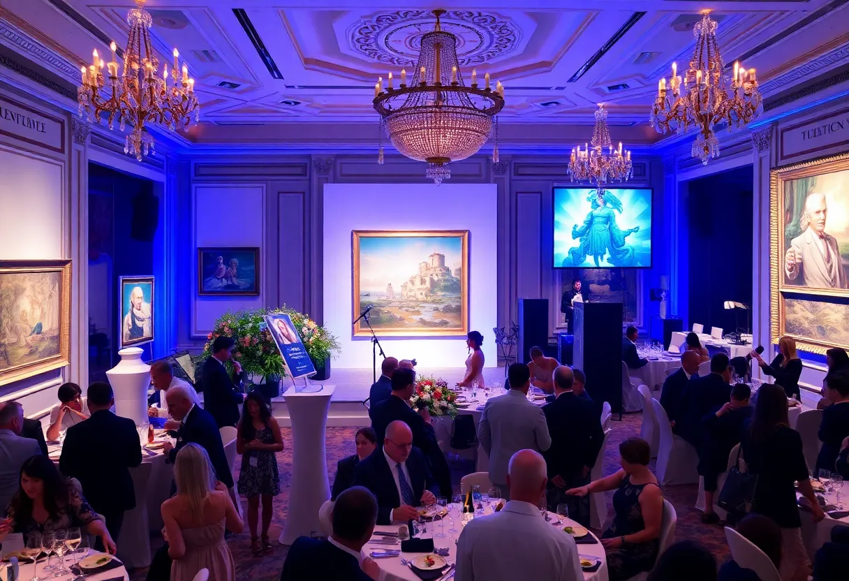Guests enjoying the Asheville Art Gala with art displays and festive decorations.