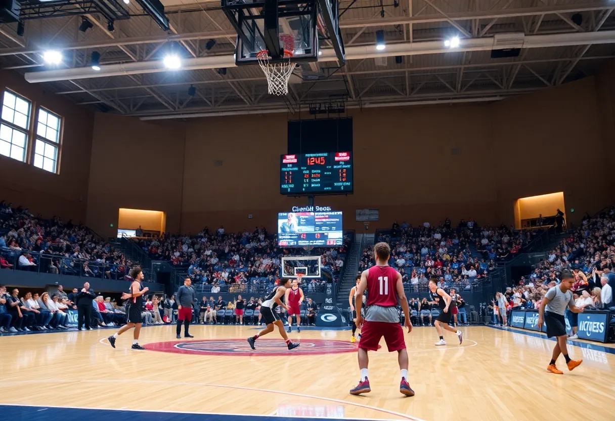 Players competing on the basketball court during the Asheville basketball game