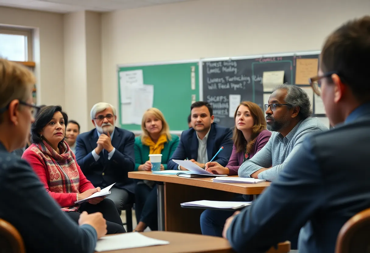 Participants in a community meeting expressing concerns over school budget cuts