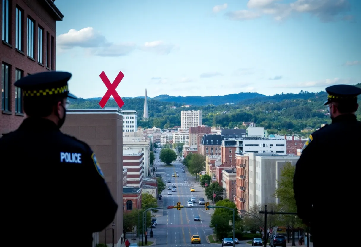 Asheville cityscape showing a law enforcement presence.