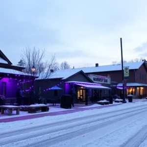 Purple lights shining on Asheville buildings during Code Purple initiative