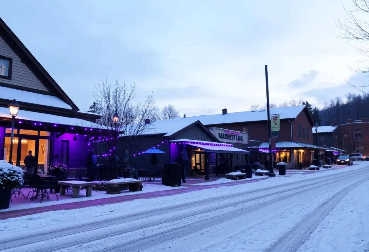 Purple lights shining on Asheville buildings during Code Purple initiative