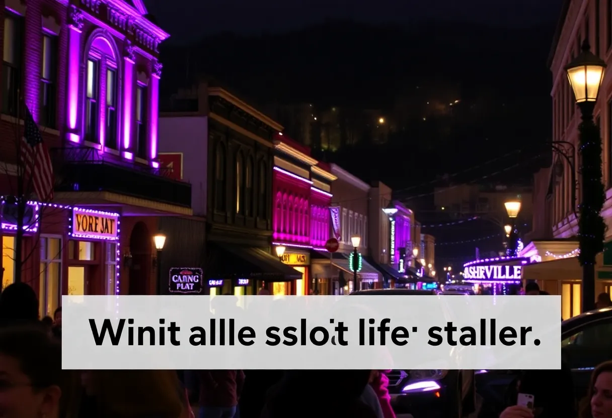 Asheville city illuminated in purple lights for the Code Purple initiative.