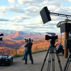 Scenic view of Asheville with filming equipment