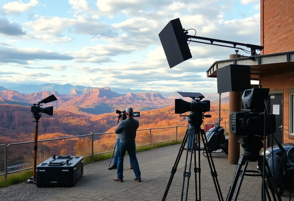 Scenic view of Asheville with filming equipment