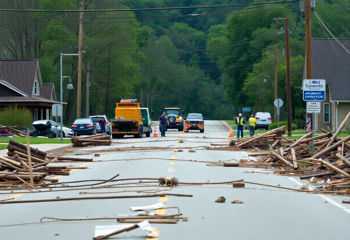 Workers clearing debris from road in Asheville after Hurricane Helene.