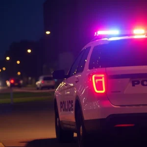 Asheville police vehicle with flashing lights at night