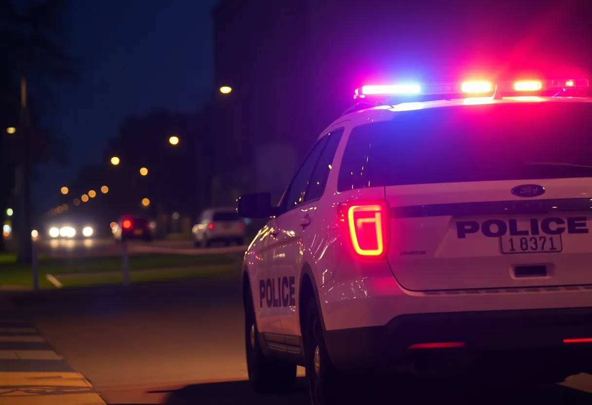 Asheville police vehicle with flashing lights at night