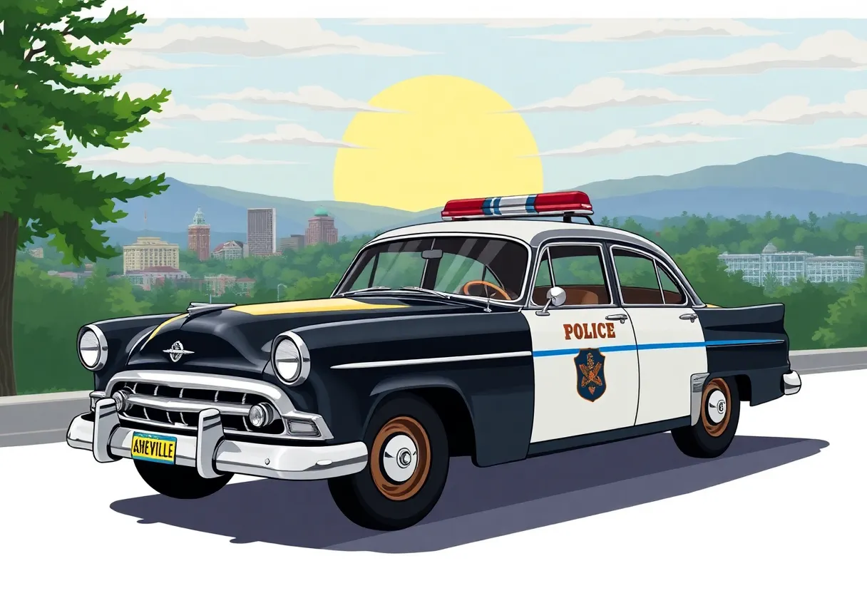 Celebration of Asheville Police Department's 150th anniversary with a vintage patrol car.