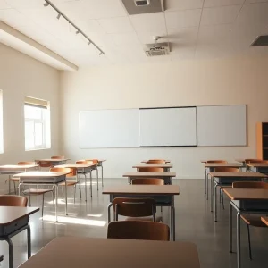 Classroom with empty desks symbolizing budget cuts