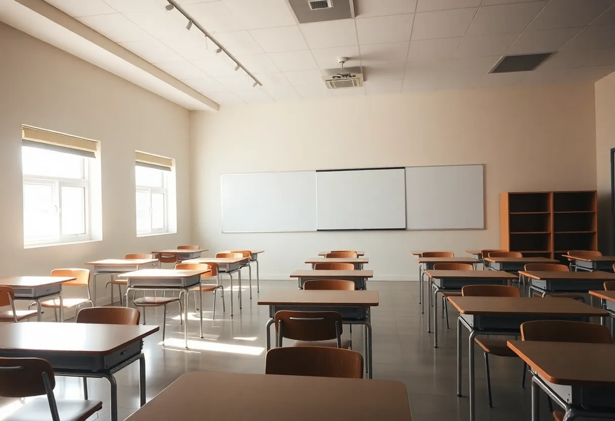 Classroom with empty desks symbolizing budget cuts