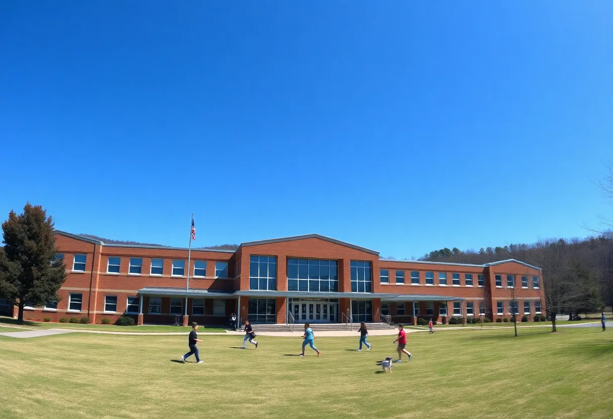 Exterior view of a school in Asheville, NC during a sunny day.