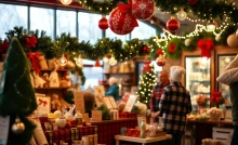 A bustling holiday market showcasing products from Asheville small businesses.