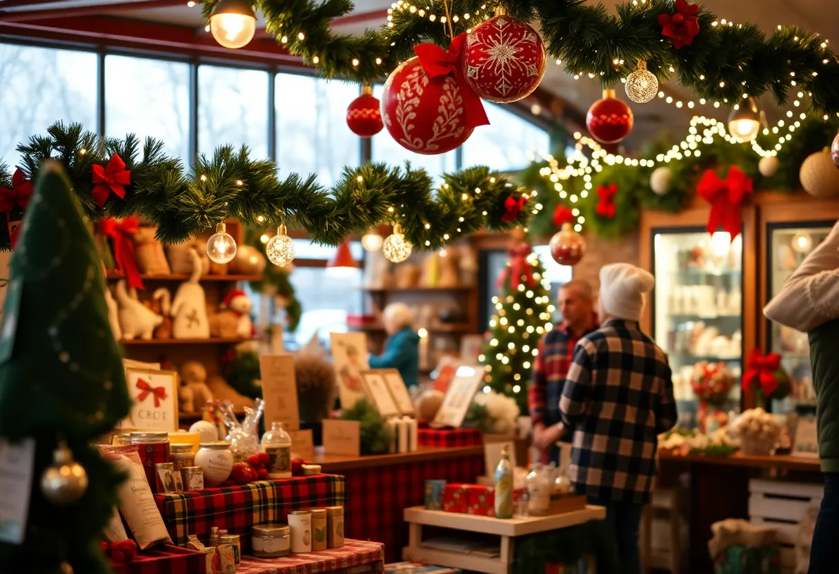 A bustling holiday market showcasing products from Asheville small businesses.