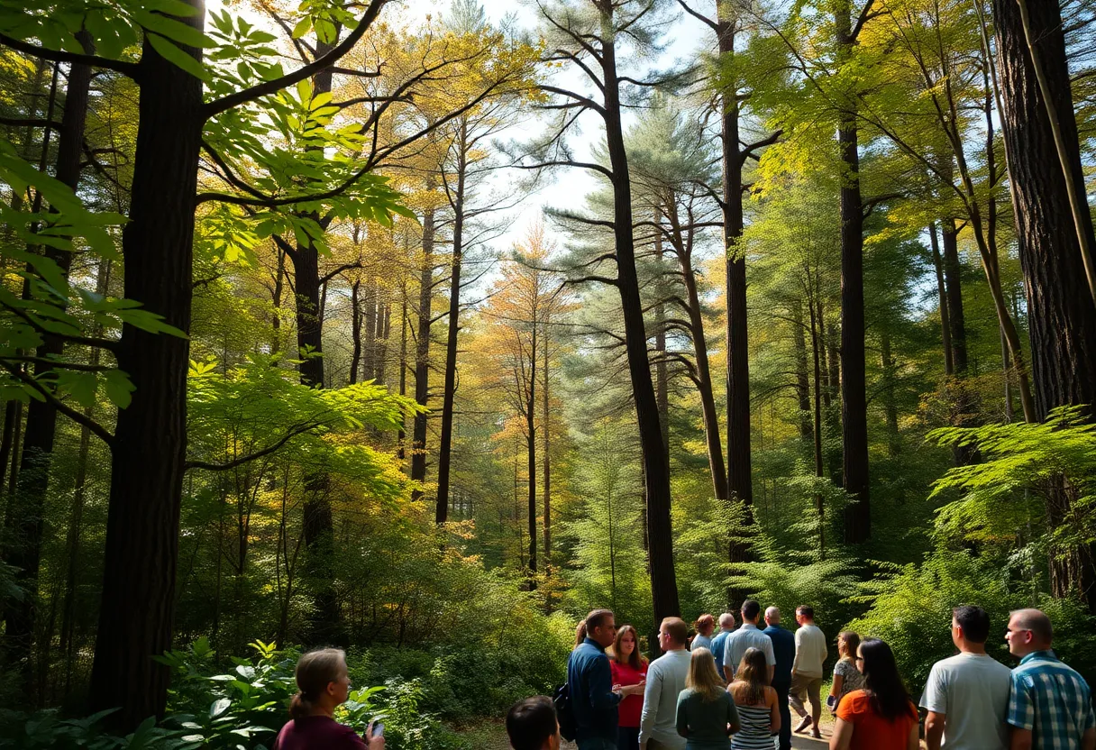 Community meeting in the Asheville urban forest discussing conservation efforts.