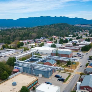 Aerial view of Asheville's water supply system amidst mountains.