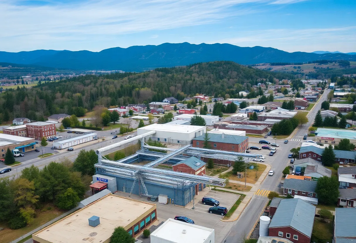 Aerial view of Asheville's water supply system amidst mountains.