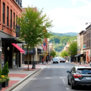 Asheville downtown with improvement signs and clean streets