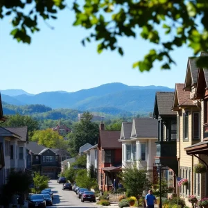 Vibrant downtown Asheville with houses and Blue Ridge Mountains