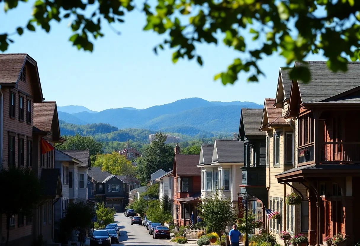Vibrant downtown Asheville with houses and Blue Ridge Mountains