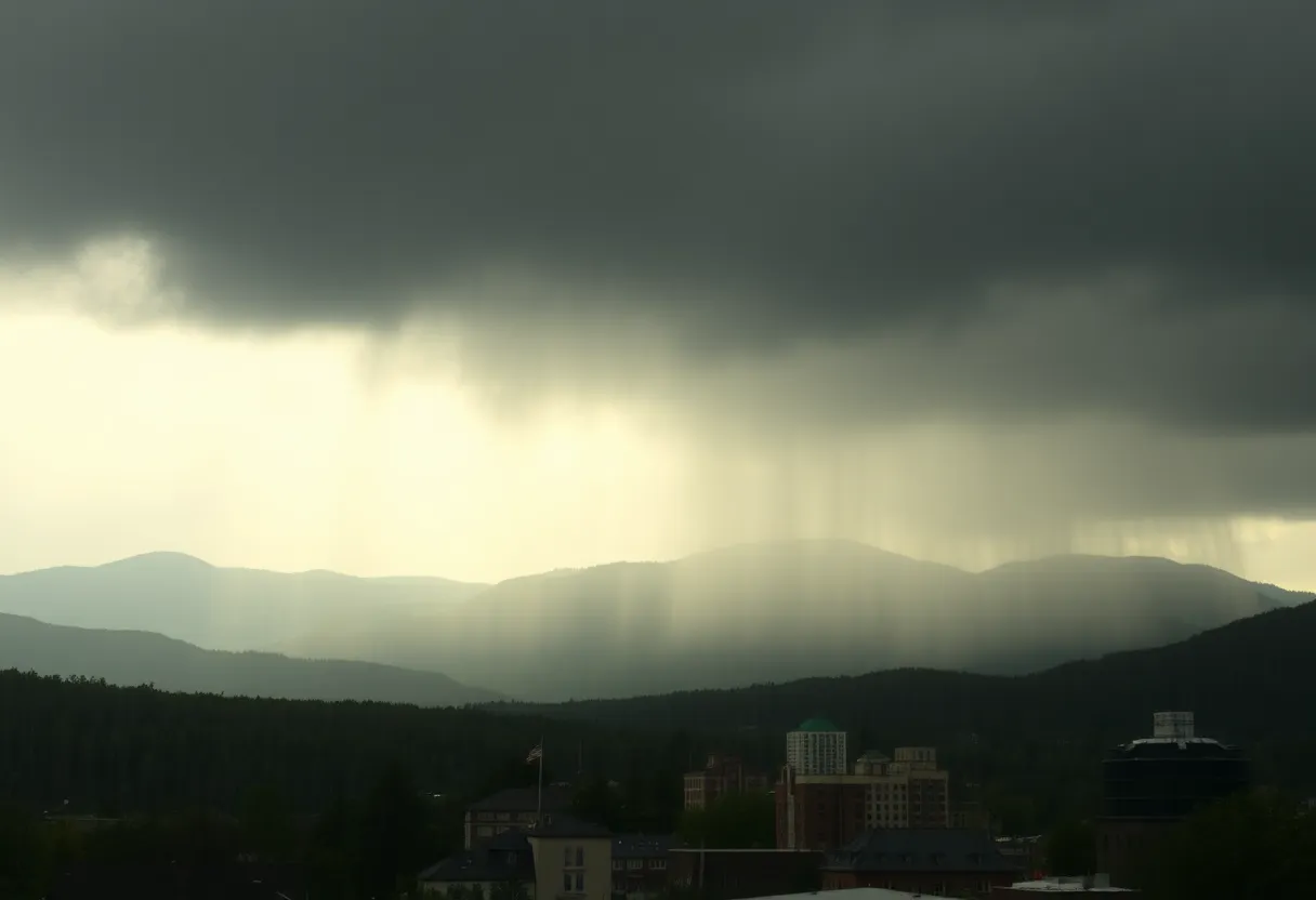 Stormy weather in Asheville with heavy rain and dark clouds