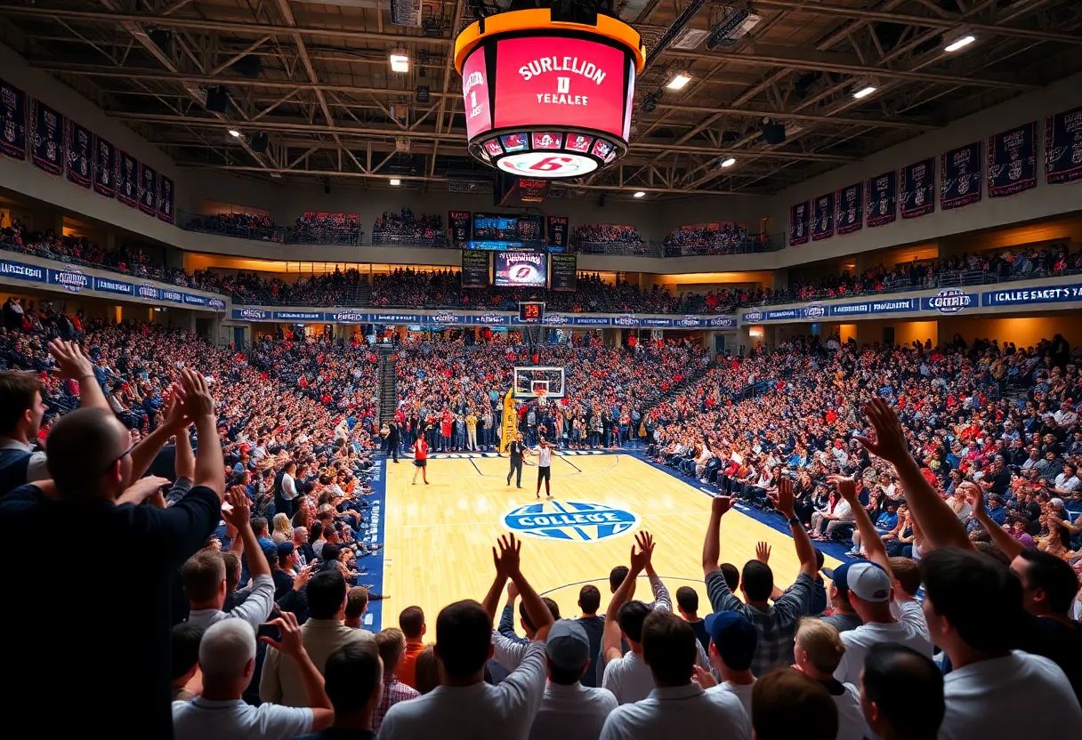 Excited basketball fans in a college gym anticipating decisions