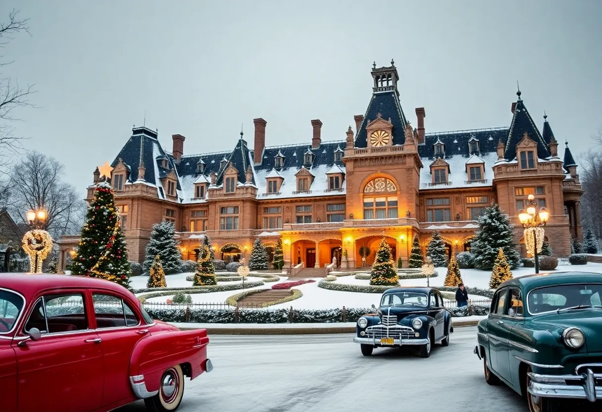 Biltmore Estate with holiday decorations and snow