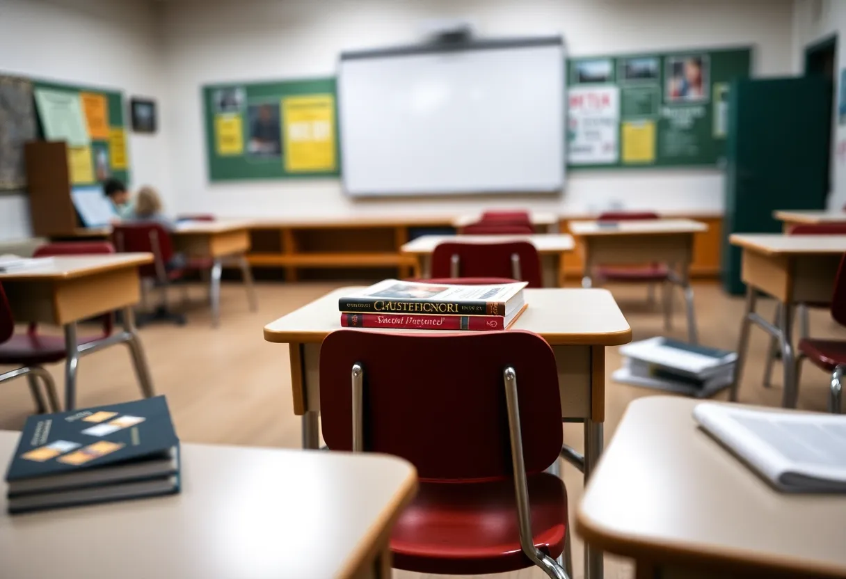 Empty classroom with scattered books symbolizing budget cuts
