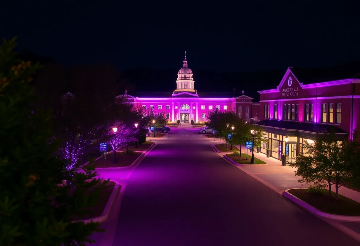 Purple lights illuminating Buncombe County buildings representing Code Purple for homeless shelters.