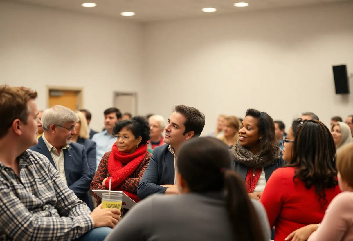 Community members engaged in a meeting discussing local investments.