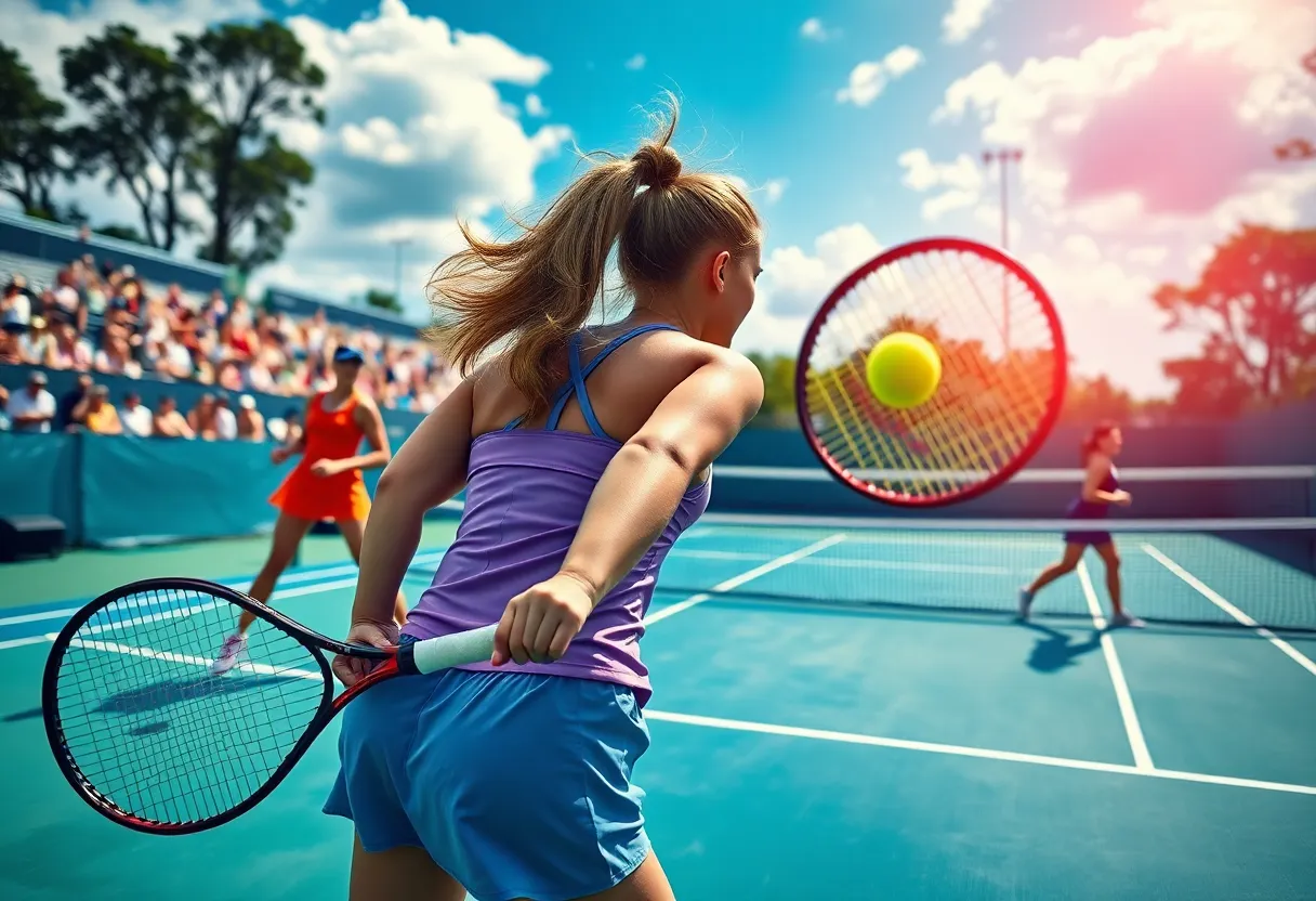 Chattanooga women's tennis team during a match on the court