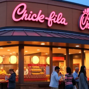 Chick-fil-A restaurant exterior with customers enjoying free food